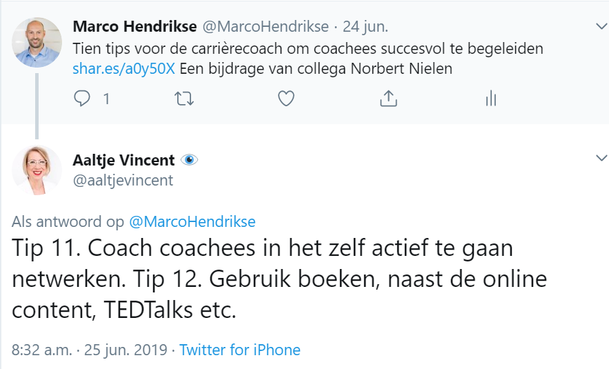 Reactie Aaltje Vincent op Twitter op artikel tips voor loopbaancoaches